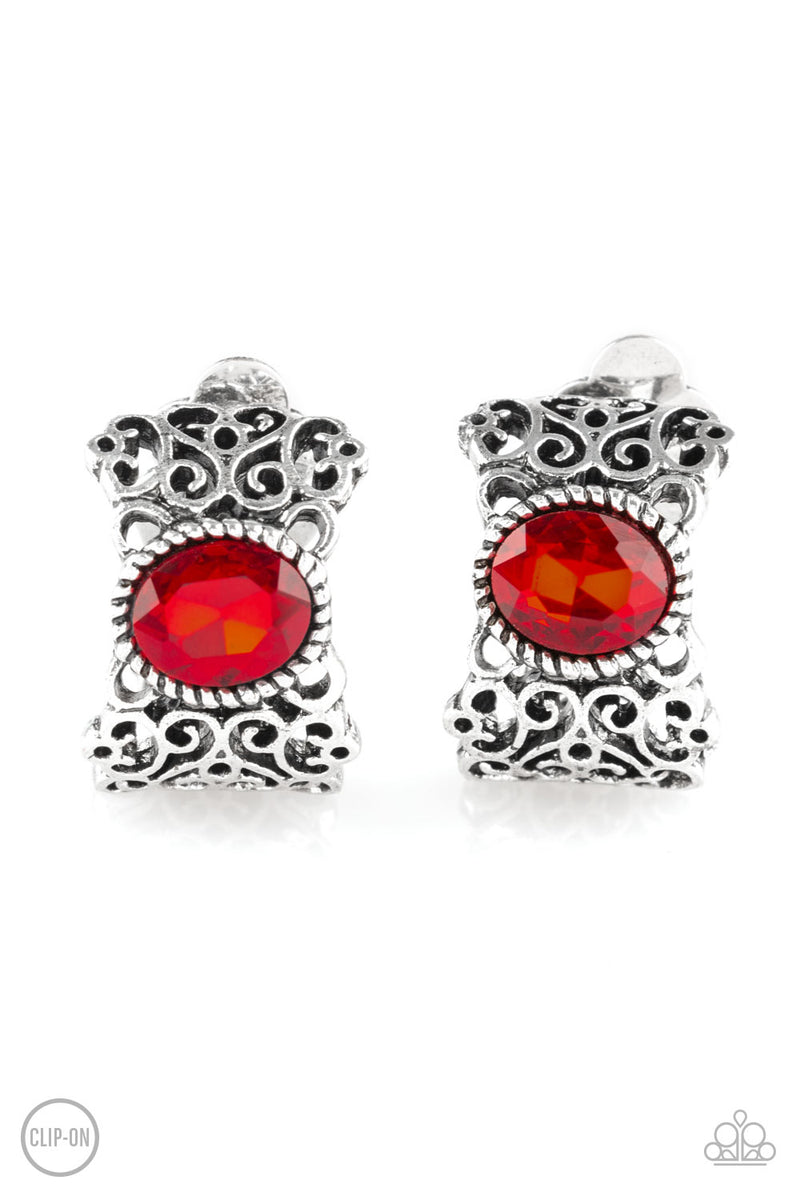 Glamorously Grand Duchess - Red Clip-On Earrings